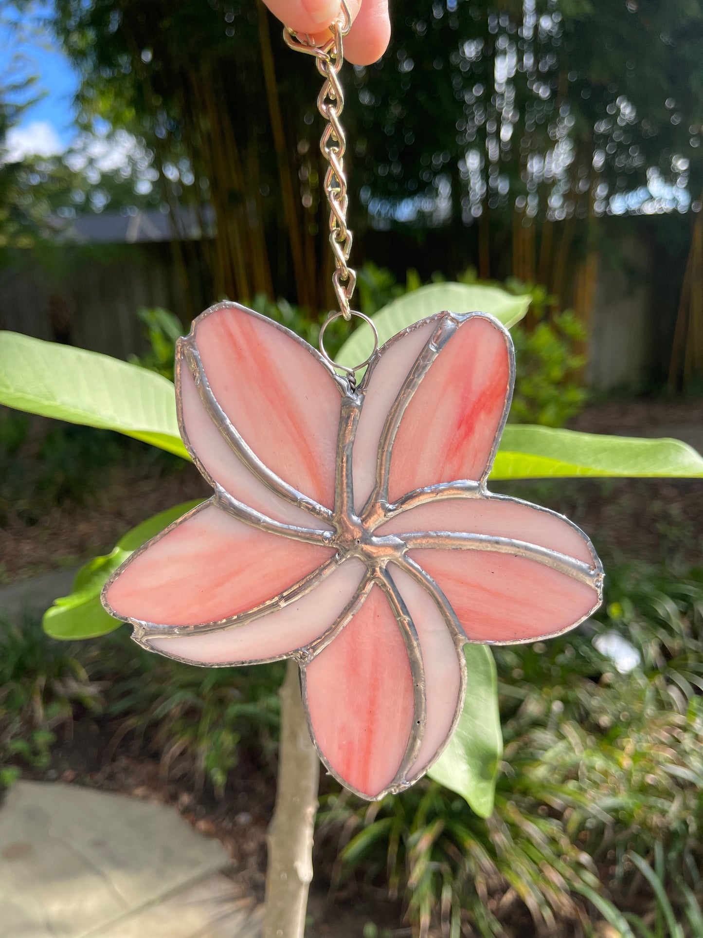 Pink & White Plumeria Flower Stained Glass