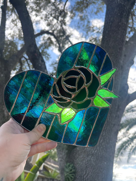 Black Rose in Blue & Green Vintage Glass Heart